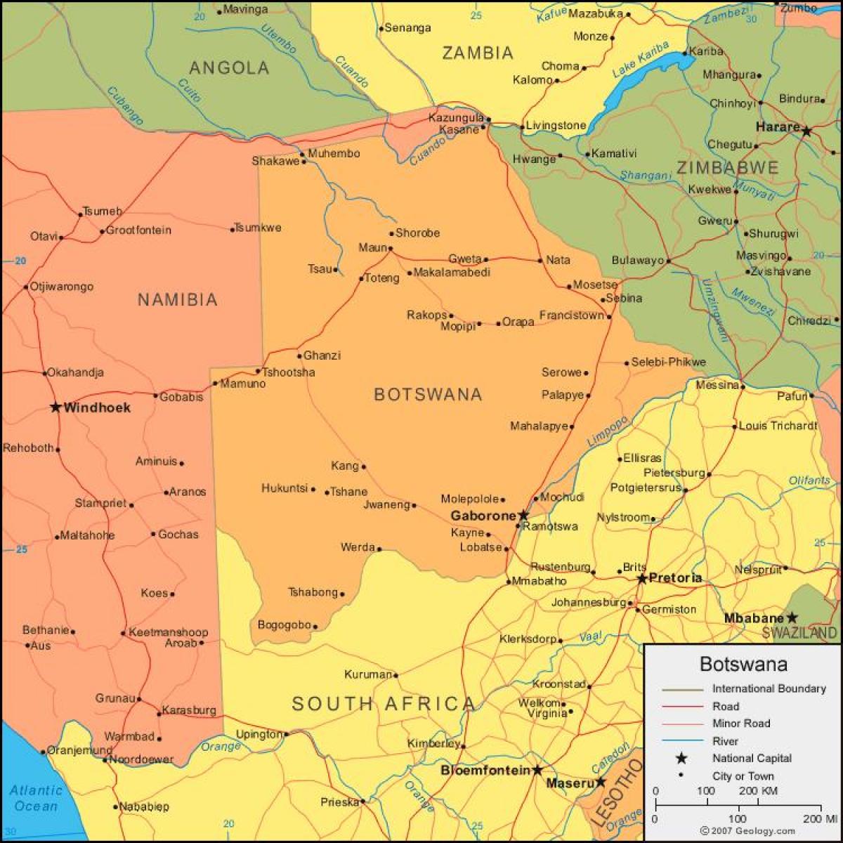 kartta Botswana osoittaa kaikki kylät